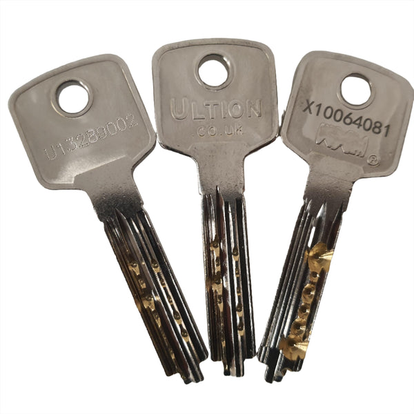 This is a photograph of three ULTION keys made by Brisant Secure Ltd.  It's purpose is so that visitors will understand that if they visit www.extrakeys.co.uk they will be able to order additional ULTION keys for their own door.